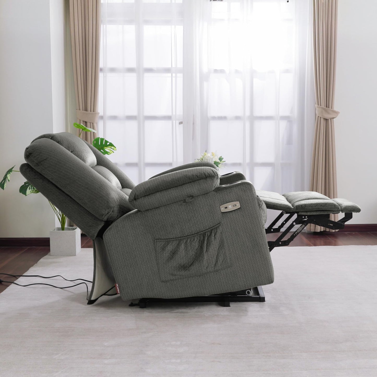MCombo Oversized Power Lift Recliner Chair Sofa with Massage and Heat for Elderly People Petite, USB Ports, Side Pockets, Fabric R7561 (Grey, Small-Oversize)