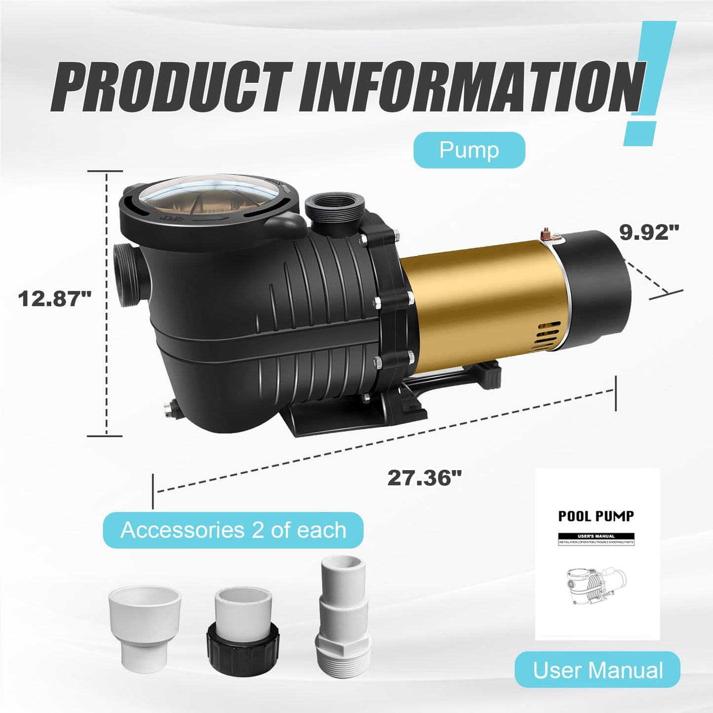 Pool Pump,PureBy 1.5HP Dual Voltage 115/230V In/Above Ground Pool Pump, Self-priming Swimming Pool Water Circulation Pumps with 1.25" & 1.5" & 2.0" Unions