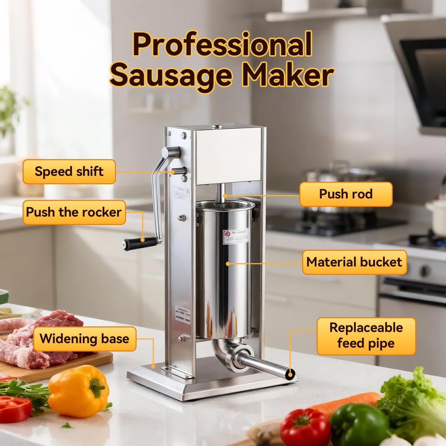 Malphi 11 Lb/5L Sausage Stuffer 2 Speed Stainless Steel Vertical Sausage Maker with 4 Filling Tubes