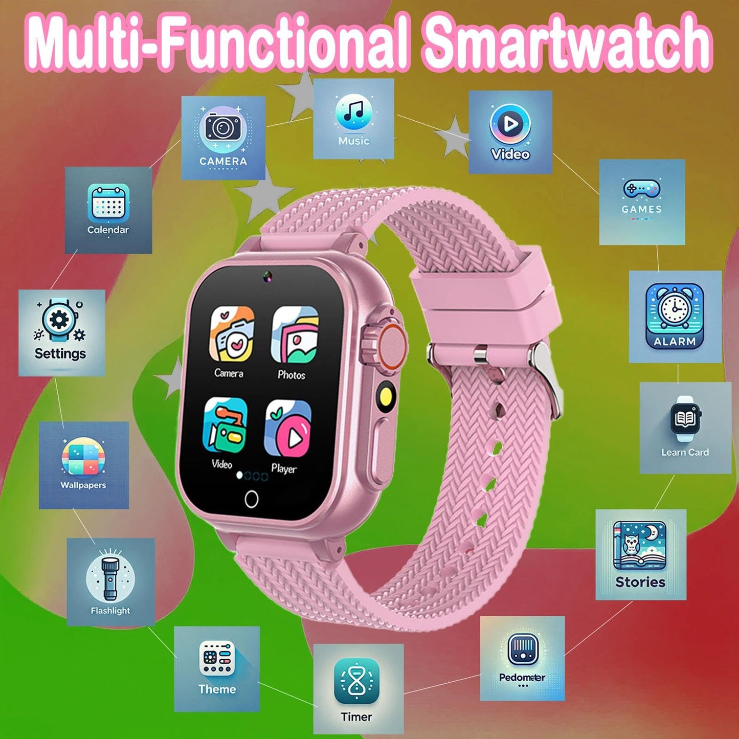 iCHOMKE Kids Smart Watch, Girls Boys Smartwatch with 32 Built-in Games Camera Video Recorder Player,Pedometer,Learning Toys Gifts for 4-10 Years Children (Pink)