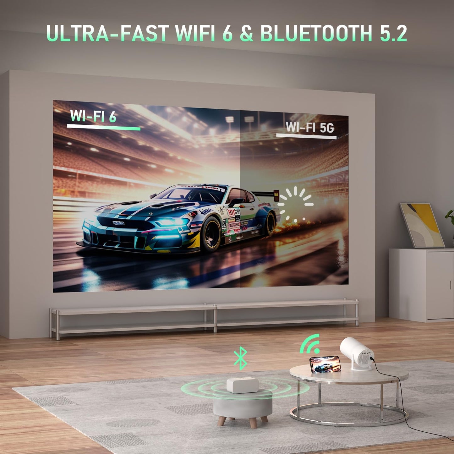 [Officially-Licensed App & Electric Focus]Snow White Smart Mini Projector with WiFi and Bluetooth, XuanPad 4K Support Movie Projector, Portable Native 1080P Outdoor Projector with 360° Stand