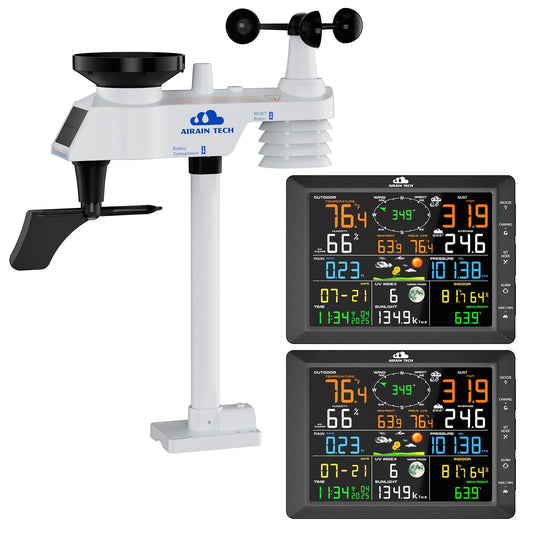 AIRAIN TECH 14-in-1 Wireless Weather Station with Dual Display, Outdoor Sensor, Atomic Clock, Rain Gauge，Wind Speed, Indoor Temp/Humidity, Barometric Pressure,etc (No WiFi)