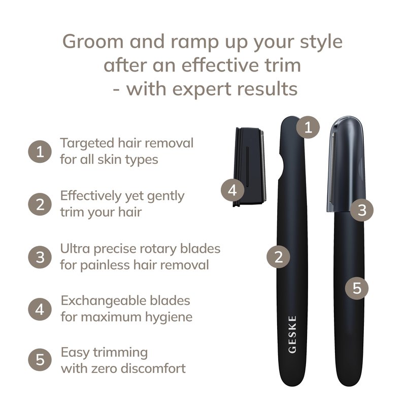 GESKE Precision Trimmer | 4 in 1 | Painless, Hygienic Hair Remover | Precise Hair Trimmer Tool | Face & Body | Men & Women | Grooming Device | Hypoallergenic, Easy-to-exchange Blades | All Skin Types