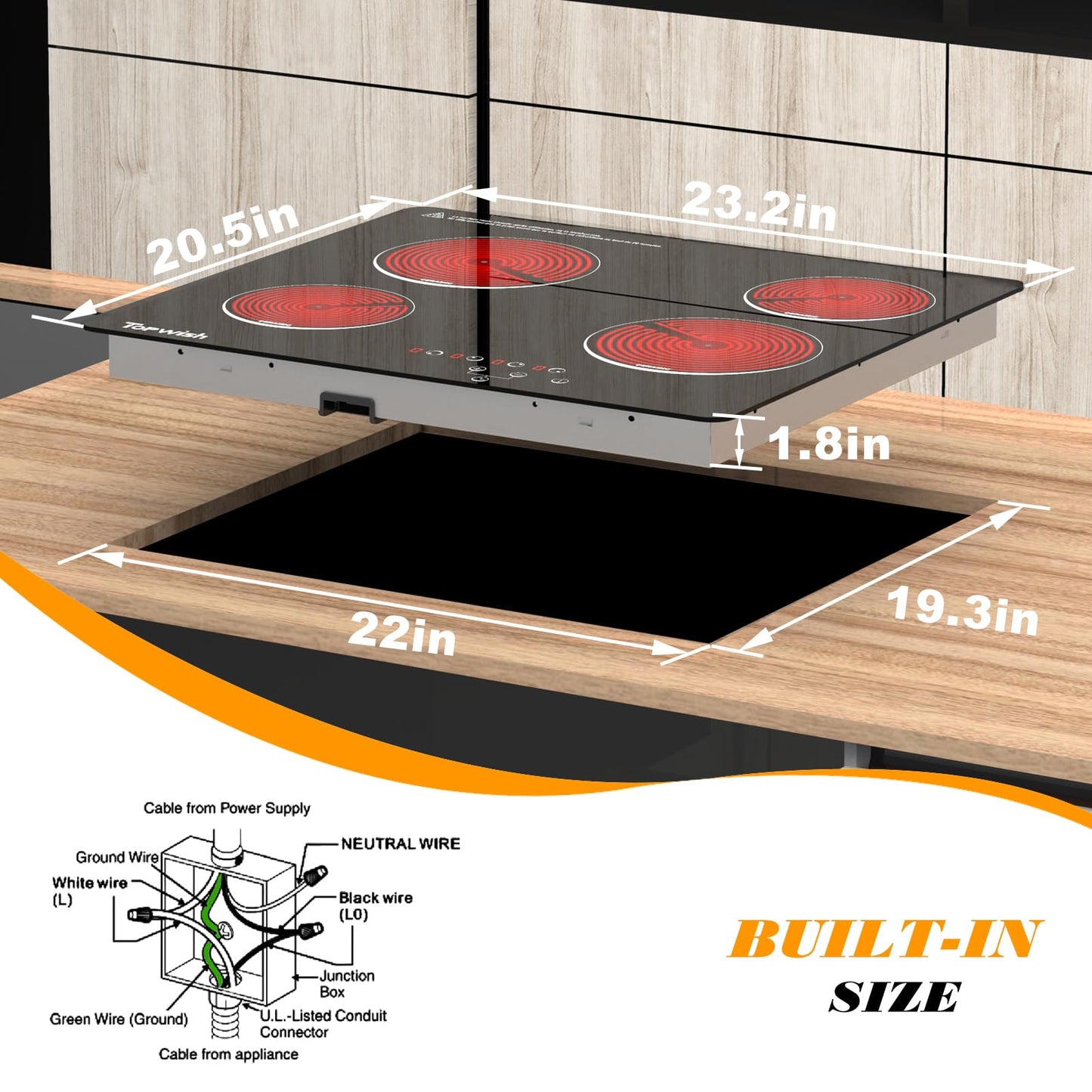 4 Burner Electric Cooktop, TOPWISH 24 Inch, Built-in Electric Stove Top, 220-240v Radiant Cooktop with Child Lock, Touch Control, Residual Heat Indicator, Overheat Protection, Hard Wire (No Plug)