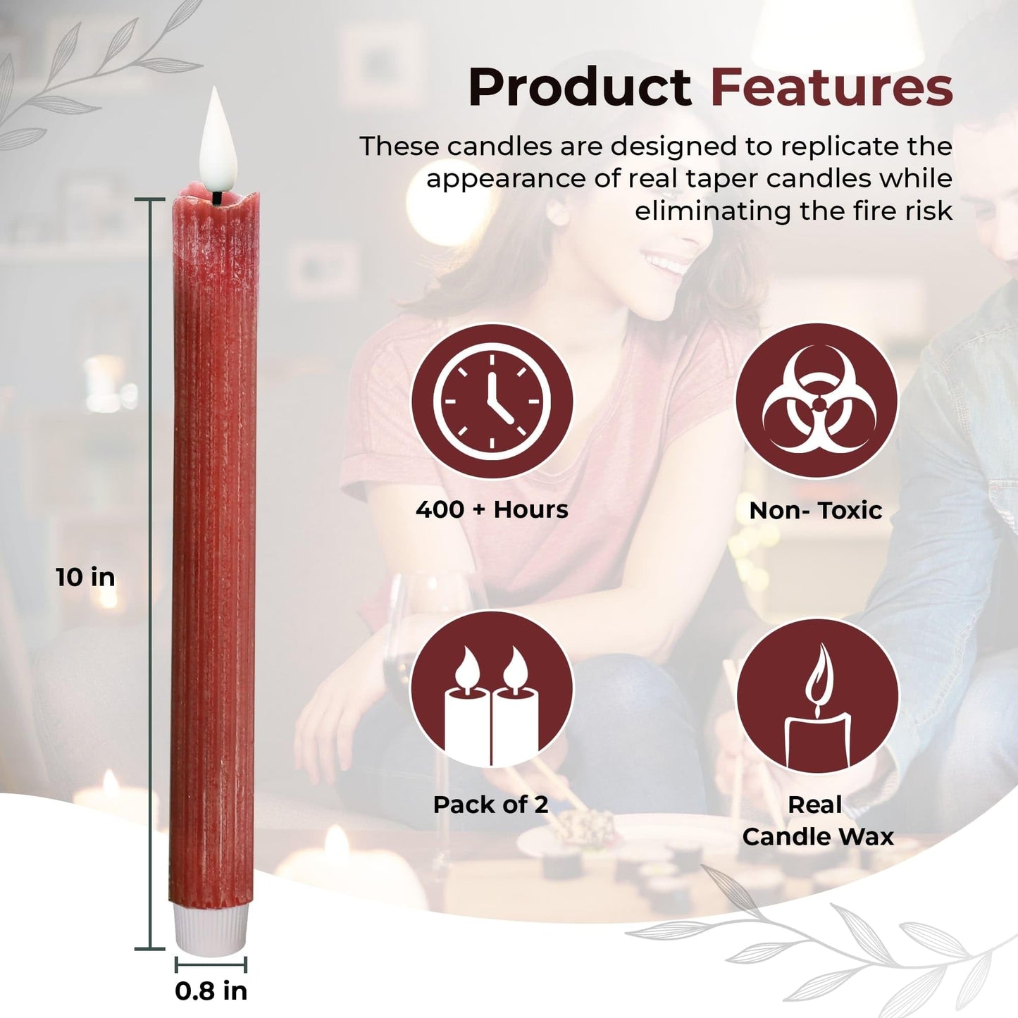 comforder Flameless Taper Candles – Flickering LED Flame with 6H Timer – Real Wax, Ribbed Design – Battery Operated Set of 2 – 10" Tall (Burgundy Red)"