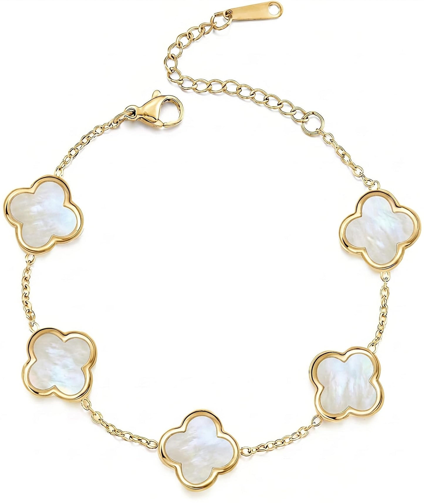 SHINYY Four Leaf Clover Bracelet for Women | 18K Gold Plated Cubic Zirconia Link Bracelet | 4 Leaf Lucky Jewelry Gift for Her (White Gold Simple)