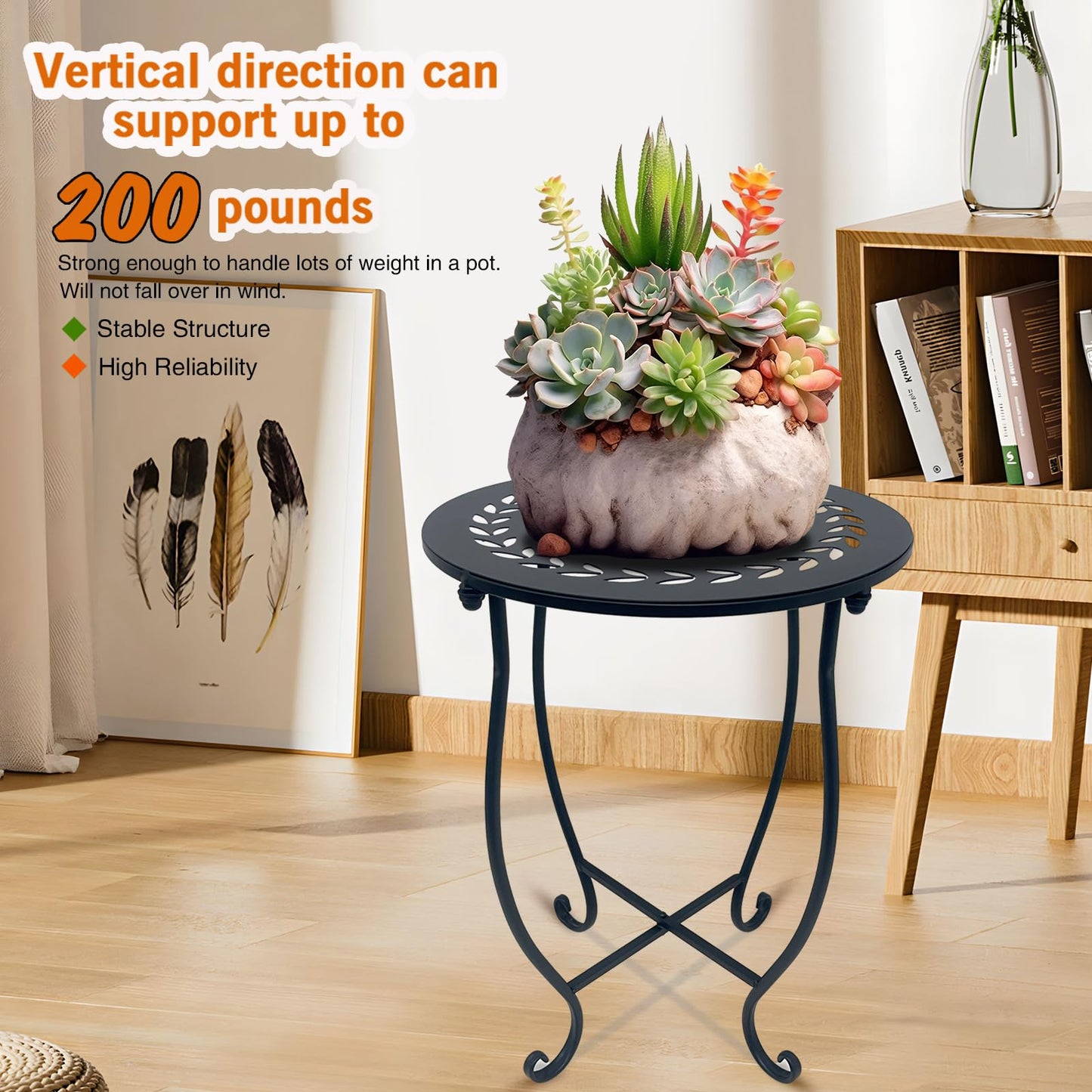 Indoor Outdoor Small Metal Round Side Table, 14 Inch Patio Coffee Bistro Table, Weather Resistant Black Metal Side Table for Patio Balcony Yard Porch Garden, Plant Stand for Indoor Outdoor Use