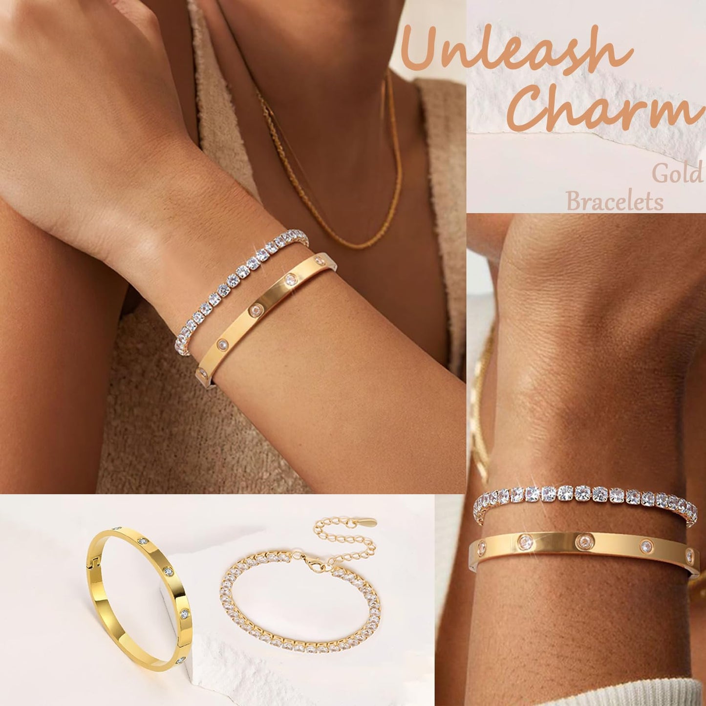 2PCS Gold Bracelets for Women, 18K Gold Plated Love Friendship Bangle Bracelet Set, Adjustment CZ Tennis Bracelet Stack Non Tarnish, Dainty Waterproof Jewelry Gifts for Valentines Day, Easter
