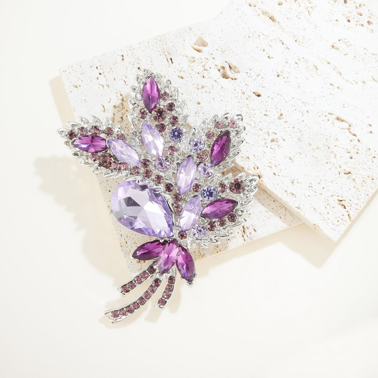 YOQUCOL Purple Austrian Crystal Leaf Shape Bouquet Big Large Brooch Pin Rhinestone Scarf Decoration Wreath Cloth Pin For Women