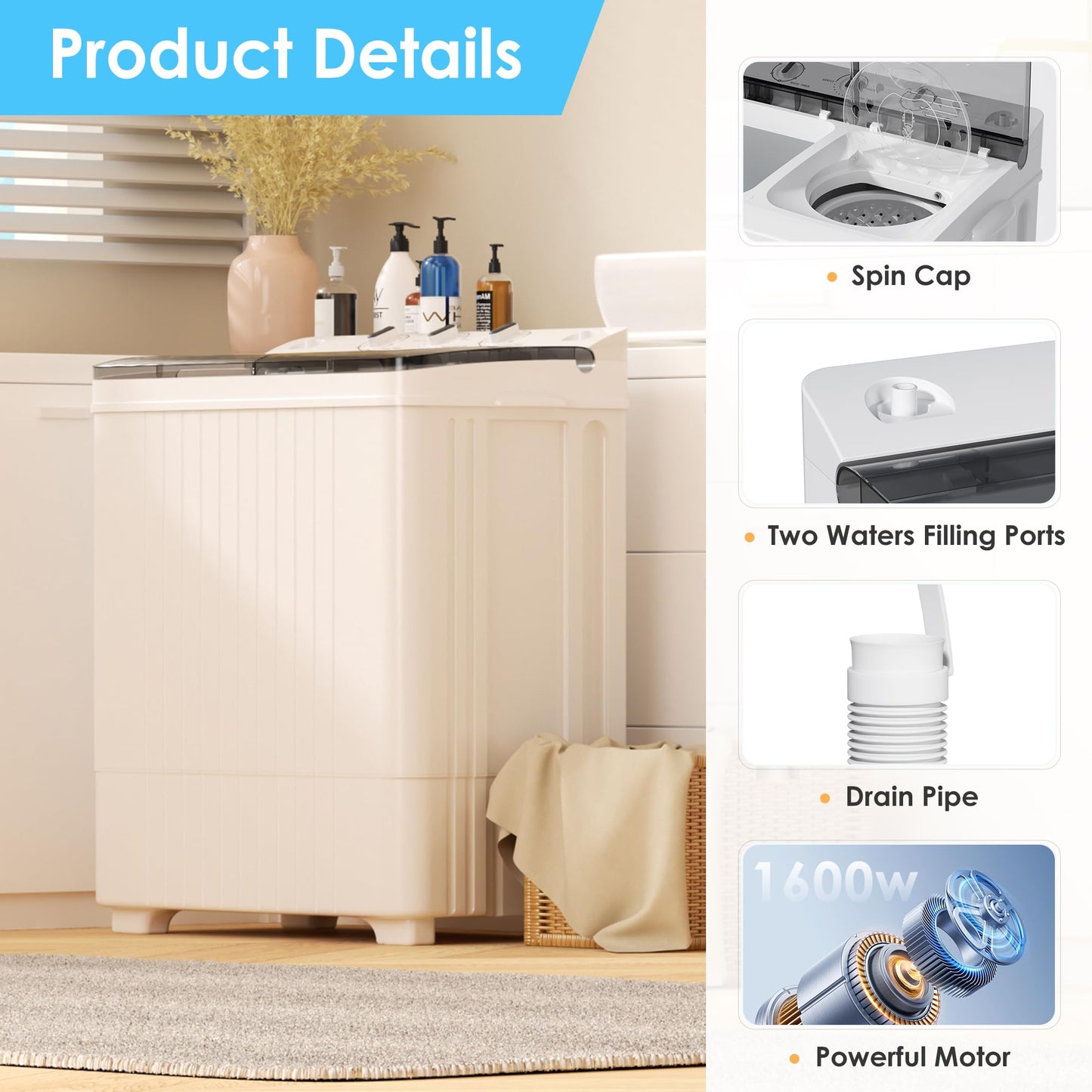 MarKnig Portable Washing Machine, 28lbs Twin Tub Mini Washer Compact Laundry Machine with Timer Knobs, Semi-automatic 18lbs Washer 10lbs Spinner Combo for Dorms, Apartments, Grey