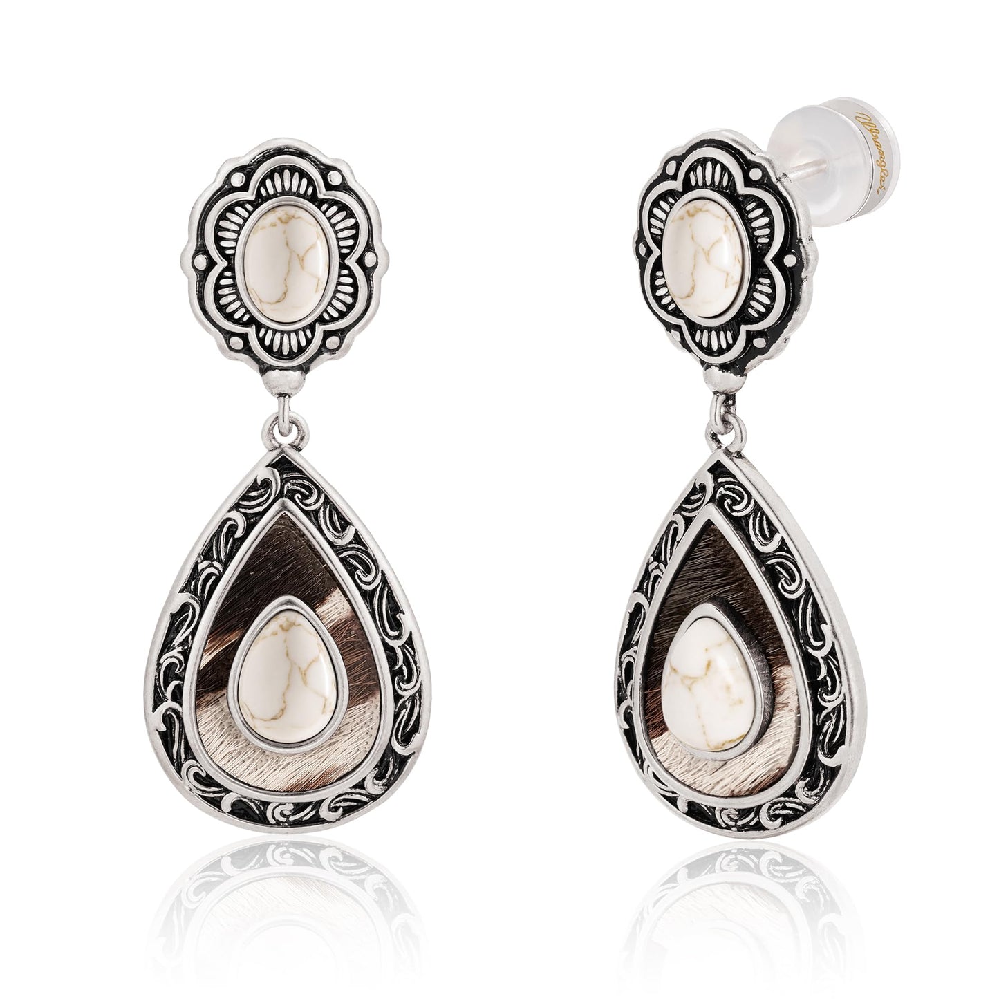 Wrangler Western TearDrop Dangle Earrings for Women Country Statement Genuine Horsehair Turquoise Vintage Cowgirl Cowboy Jewelry (Silver-White) WGE-2028S-WT