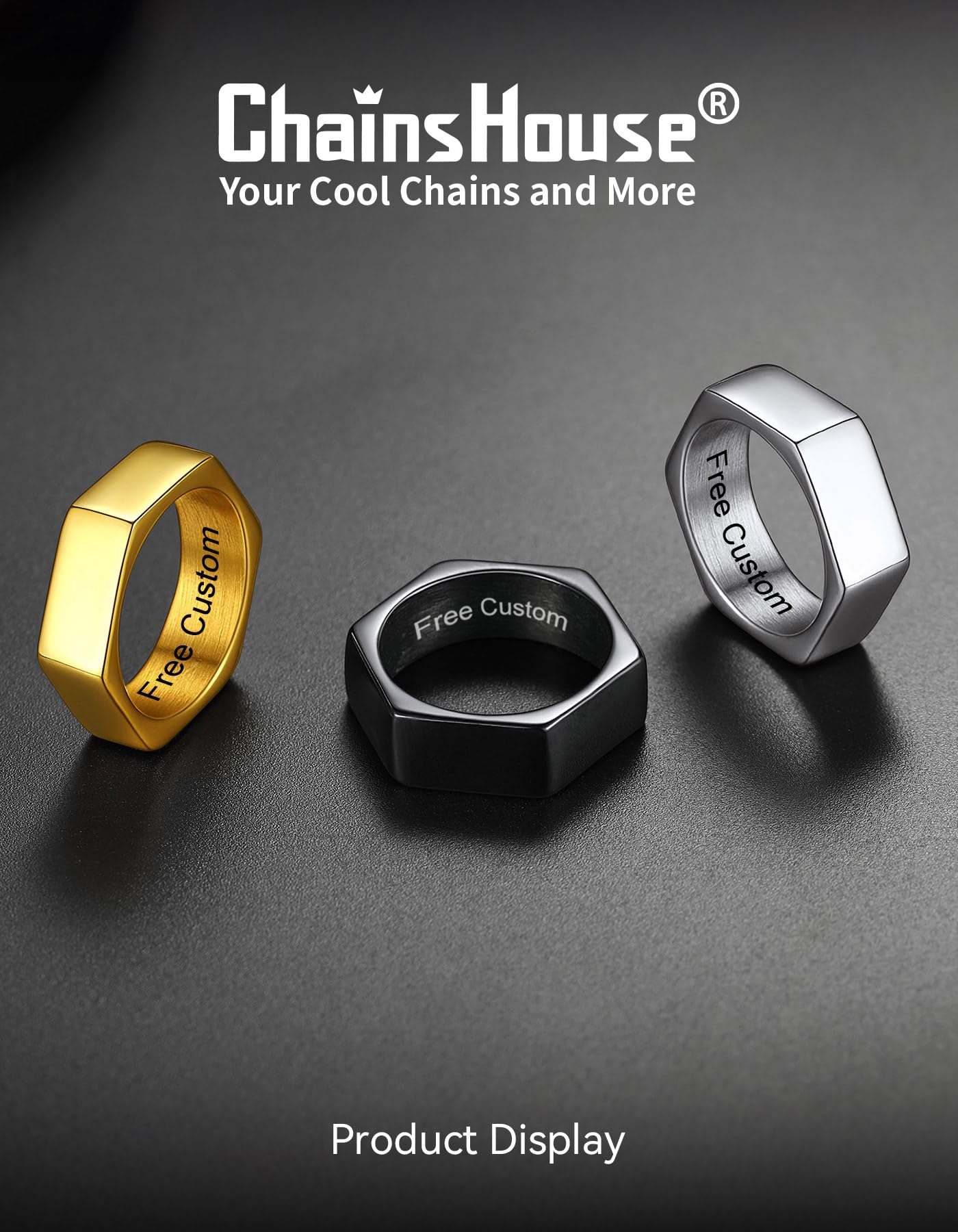 ChainsHouse Personalize Simple Band Rings 18K Gold Plated Geometric Hexagon Biker Ring for Men Women, Size 13