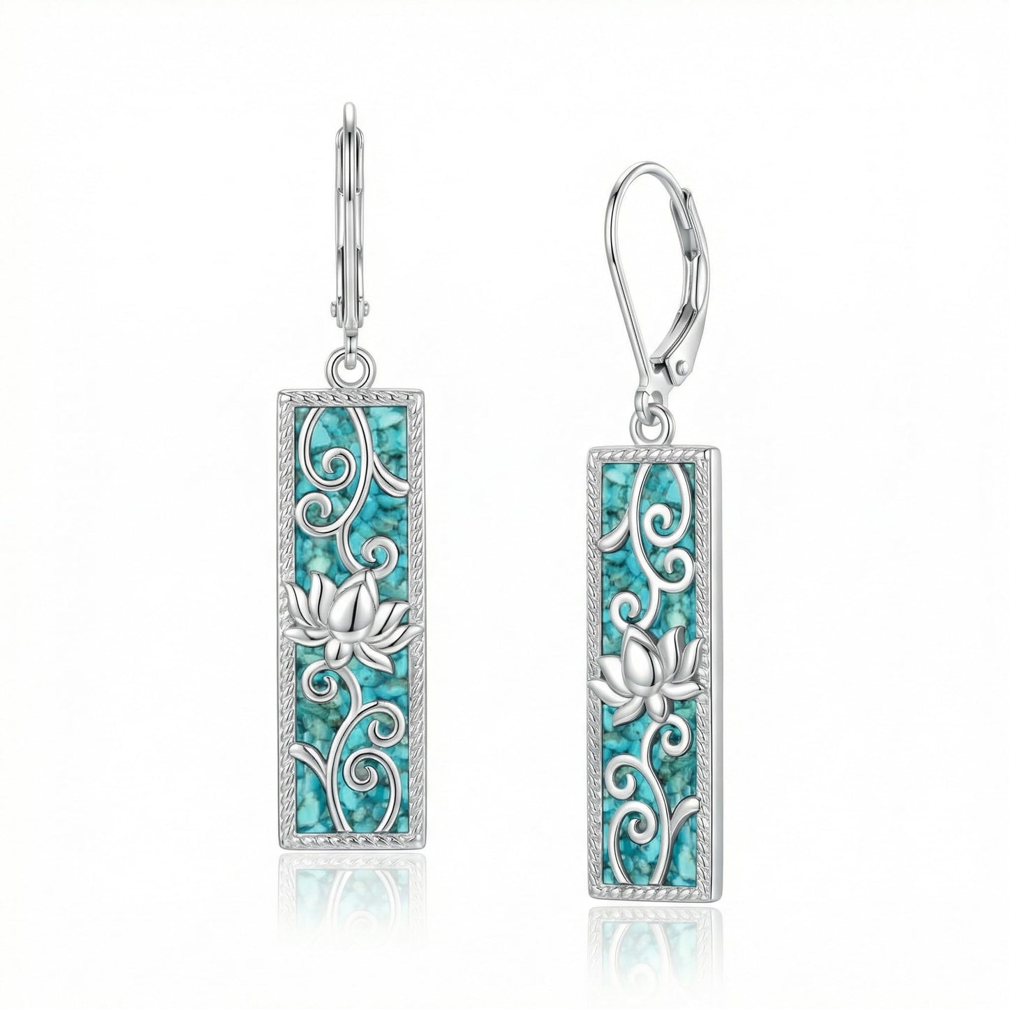 Lotus Earrings 18k White Gold Plated Lotus Filigree Turquoise Dangle Earrings Filigree Turquoise Jewelry Gift for Women Mom