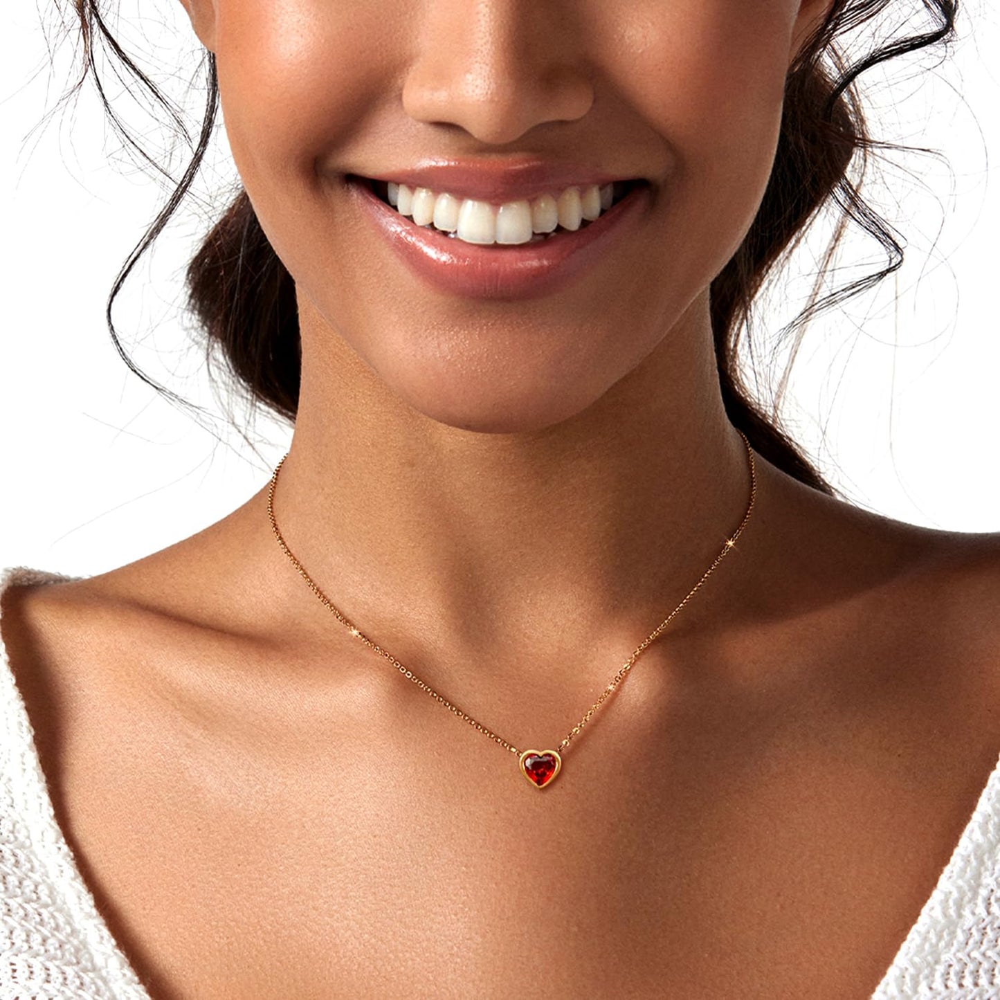 Zeffy Red Heart Necklace for Women, Tiny Red Crystal Heart Love Pendant Choker Necklace Dainty Birthstone Jewelry Anniversary Birthday Valentines Gifts