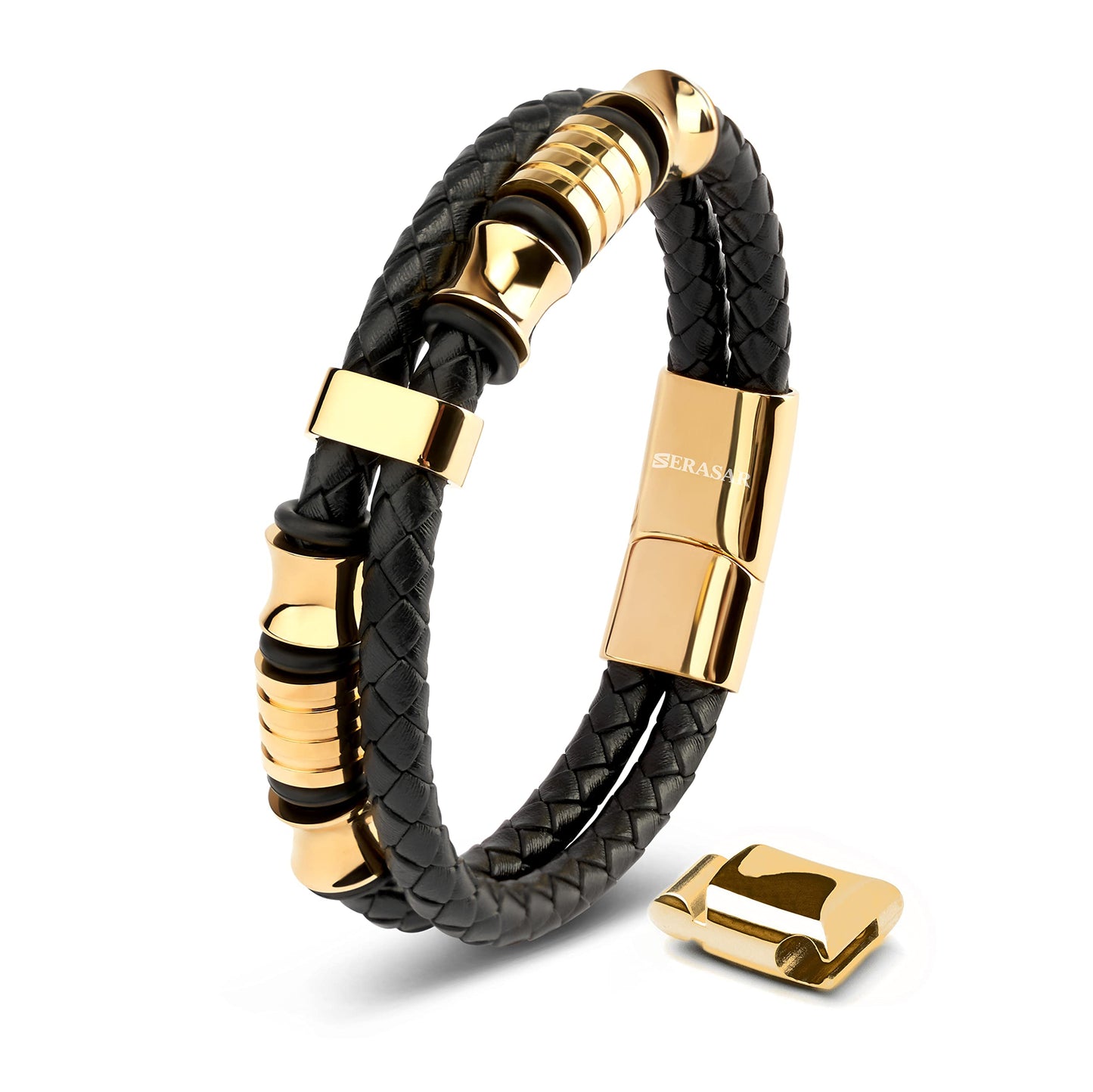 SERASAR Mens Bracelets 23cm Gold Gift Box Genuine Leather Cowhide Braided Adjust Able Magnetic Clasp Multi Layer Wrap Jewellery Rope Man Mans Male Band Jewelry Accessories