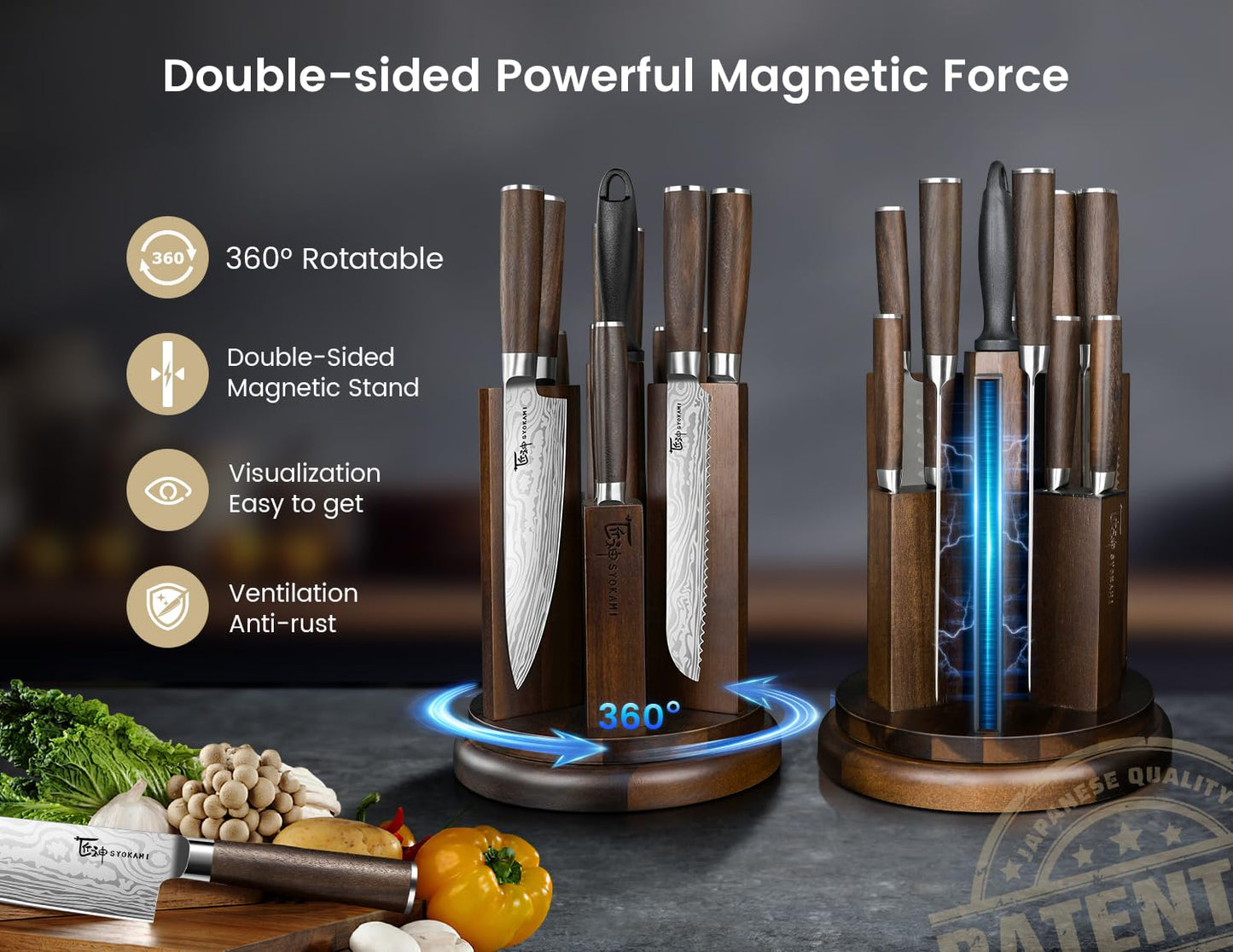 SYOKAMI Kitchen Knife Set with Magnetic Block and Sharpener 14 Piece Knife Set 360° Rotatable Holder Ultra Sharp High Carbon Stainless Steel Knives Sets with Steak Knives, Ideal Gift