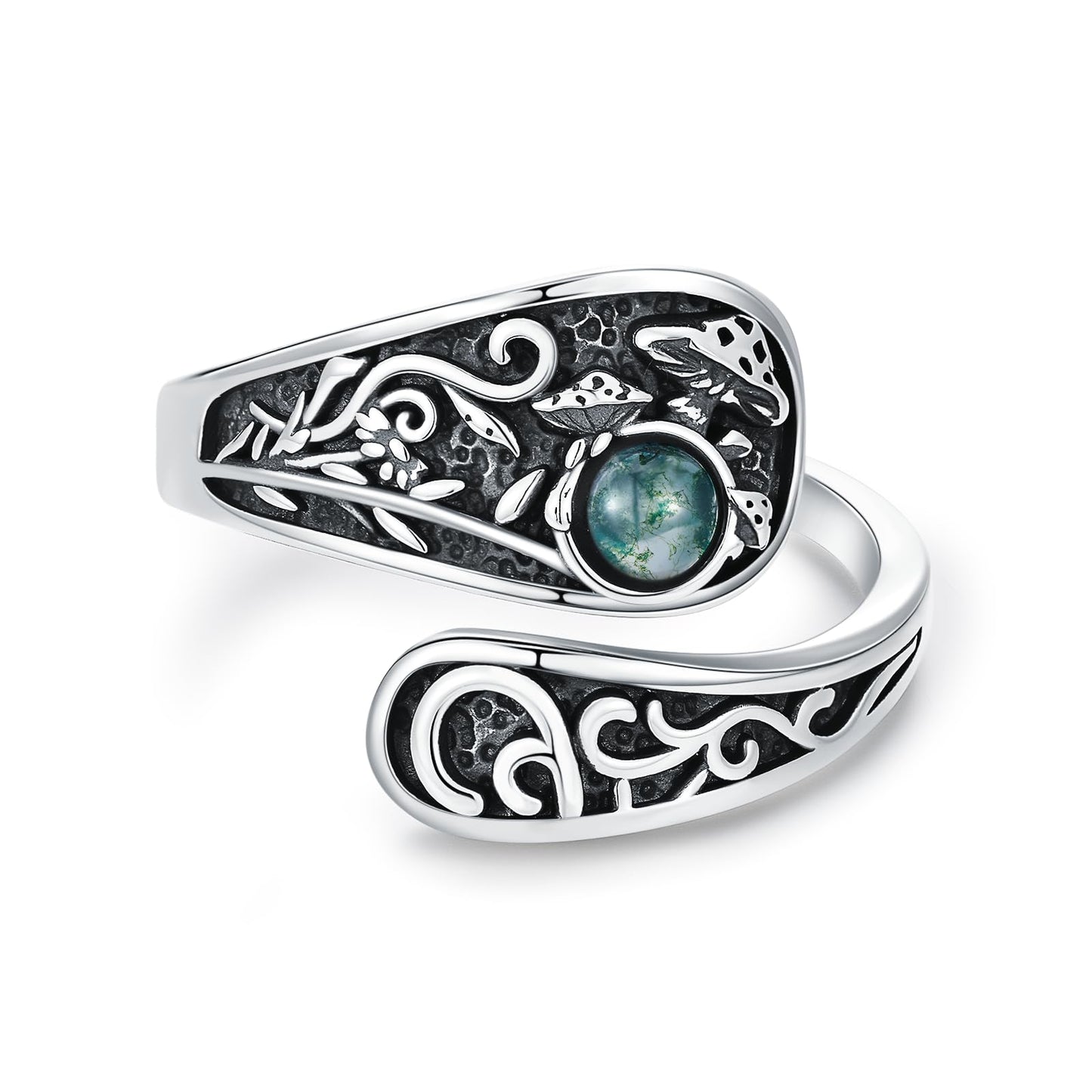 Midari Mushroom Spoon Ring 925 Sterling Silver Moss Agate Rings for Women Vintage Adjustable Thumb Rings Mushroom Ring Jewelry Gifts for Women Birthday Christmas Gifts