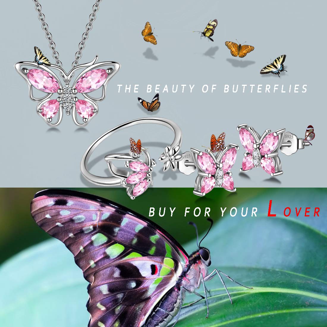 Hipunk Butterfly Pink Jewelry Sets Birthstone Women 925 Sterling Silver October-Tourmaline Birth Stone Animal Butterflies Jewelry Sets/Earring/Ring Set Crystal Birthday Jewelry SS0002O