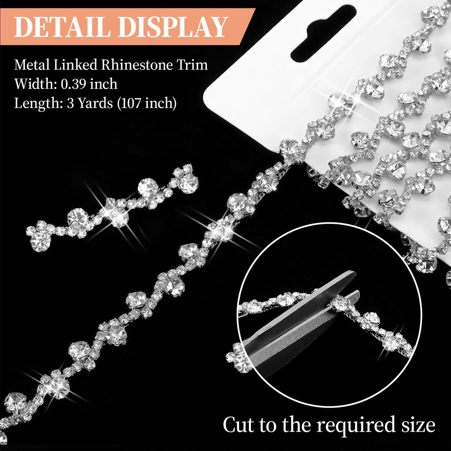 3 Yards Bling Rhinestone Chain Trim for Sewing Crafts Clothes Shoes Cups, Rhinestone Applique Embellishments Silver Crystal Chain for Jewelry Making Wedding Cake Bags DIY(Silver)