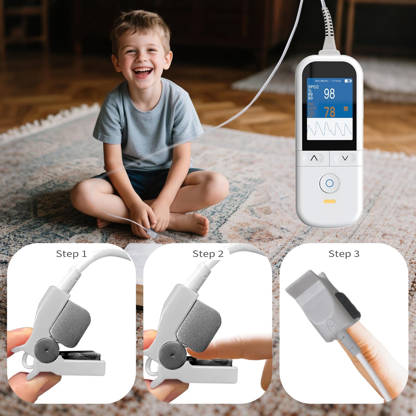 Handheld Pulse Oximeter for kids - Continuous Oxygen & Heart Rate Monitor with Adjustable SpO2 & Pulse Alarms - Pulse Oximeter Medical Grade for kids