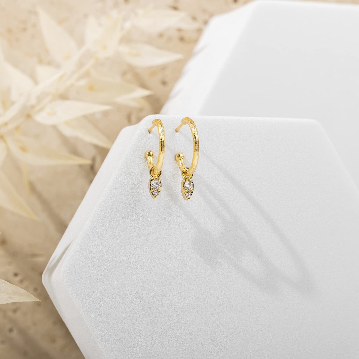 PAVOI 14K Yellow Gold Plated 925 Sterling Silver Post Dangle Huggie Hoop Earrings For Women - Trendy Tear Drop Shaped Cubic Zirconia Open Hoop Earrings - Small Hinged Hammered Huggies