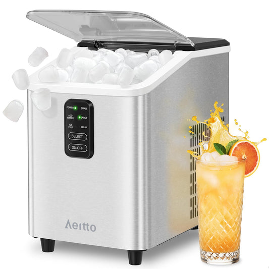 Aeitto Ice Maker Countertop 26lbs/24H, Ice Machine 8 Ice Cubes Ready in 6 Mins, Auto Self-Cleaning for Home/Kitchen/Office Stainles with Basket & Scoop, s2 Sizes of Bullet Ice Portable Ice Makers