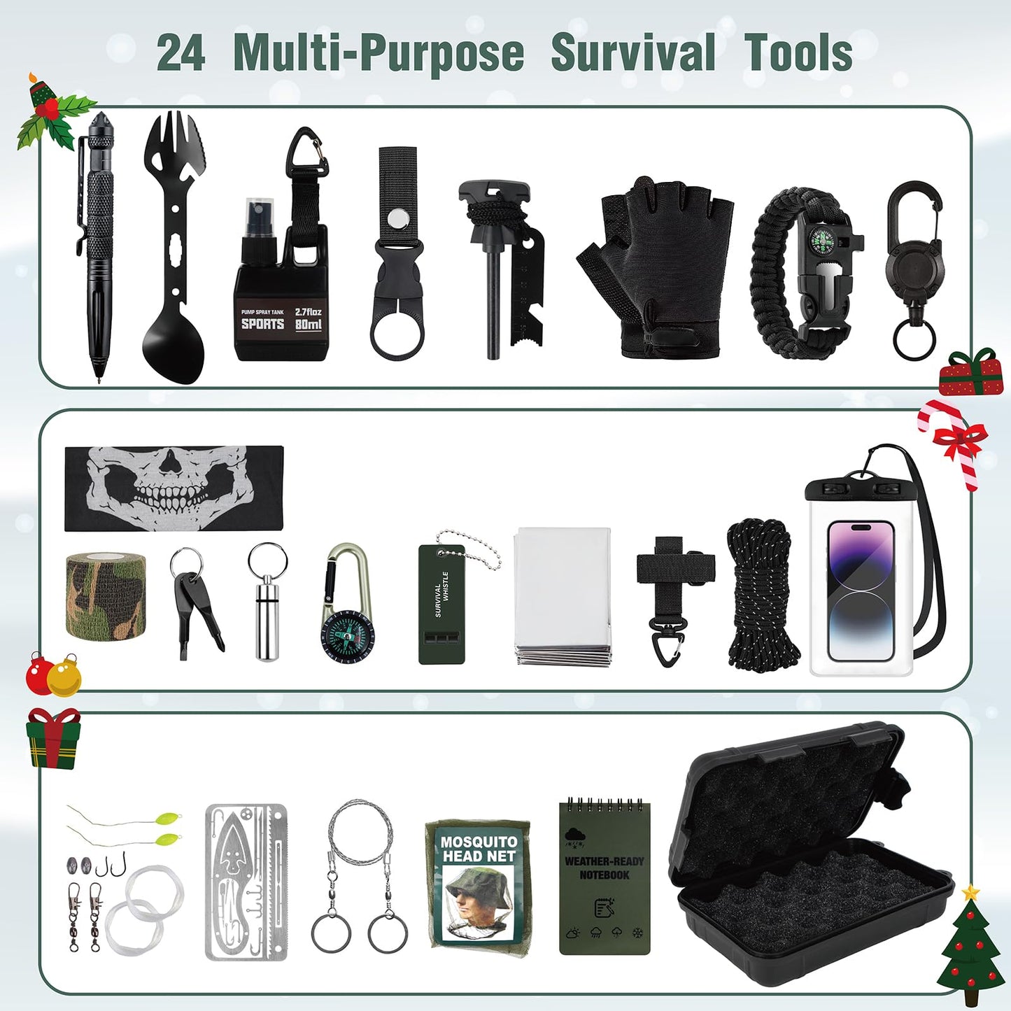24-in-1 Professional Survival Kit, Emergency Multi-Tool Set for Camping, Hiking, Fishing & Hunting, Unique Birthday Gifts for Men, Dad, Husband, Outdoor Gear Gadgets