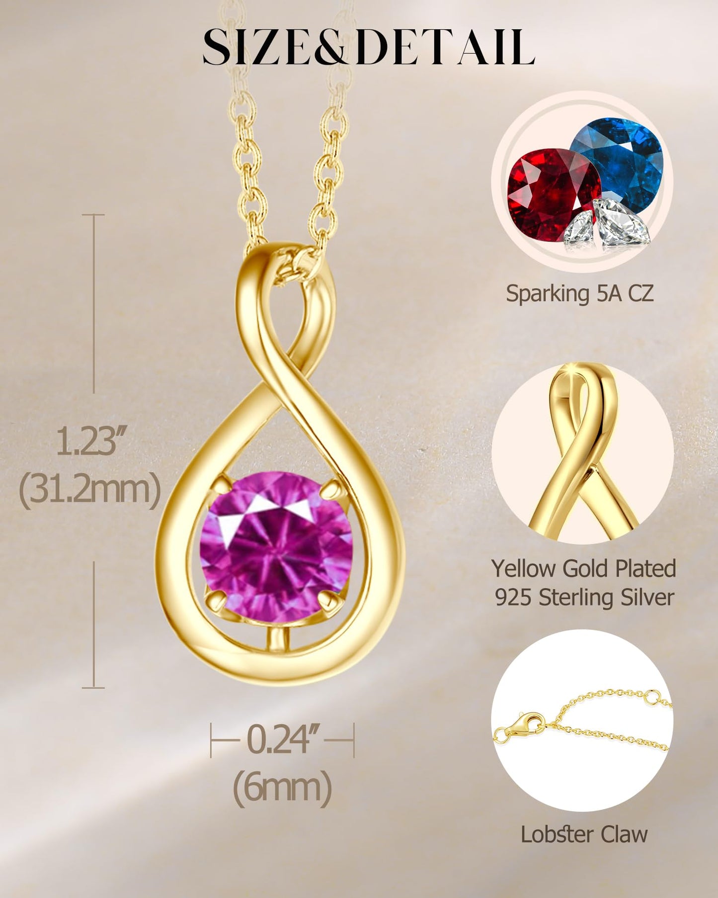 FANCIME Pink Tourmaline Birthstone Necklace for Women Sterling Silver Yellow Gold Plated October Gemstone Infinity Pendant Fine Jewelry Graduation Birthday Mothers Day Gifts for Women Her, Chain 16"+2" Extend