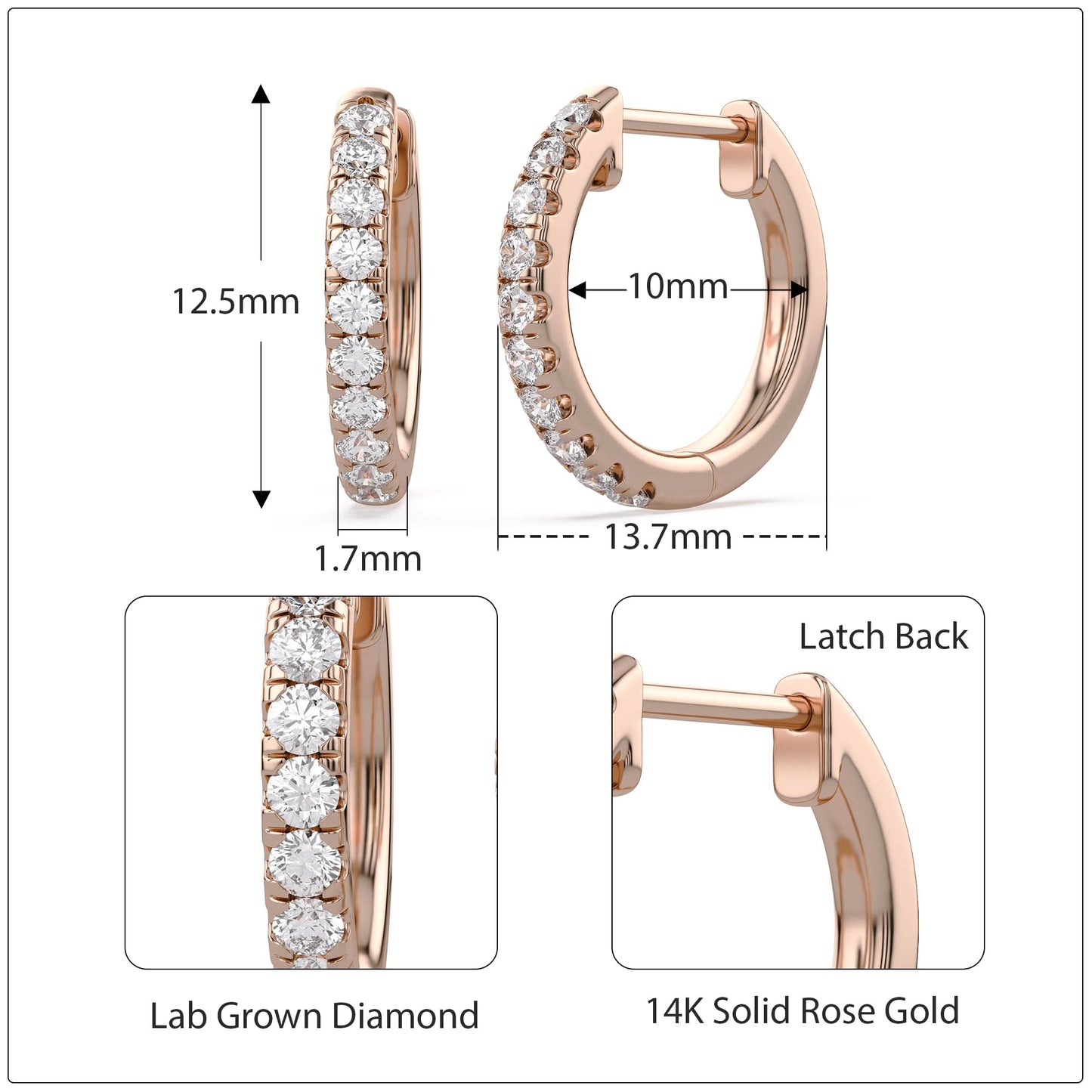 10MM Huggie Hoop Earrings for Women, 0.25 Carat (ctw) Round Natural Diamond Hoop Earrings in 14K Solid Rose Gold Jewelry for Her