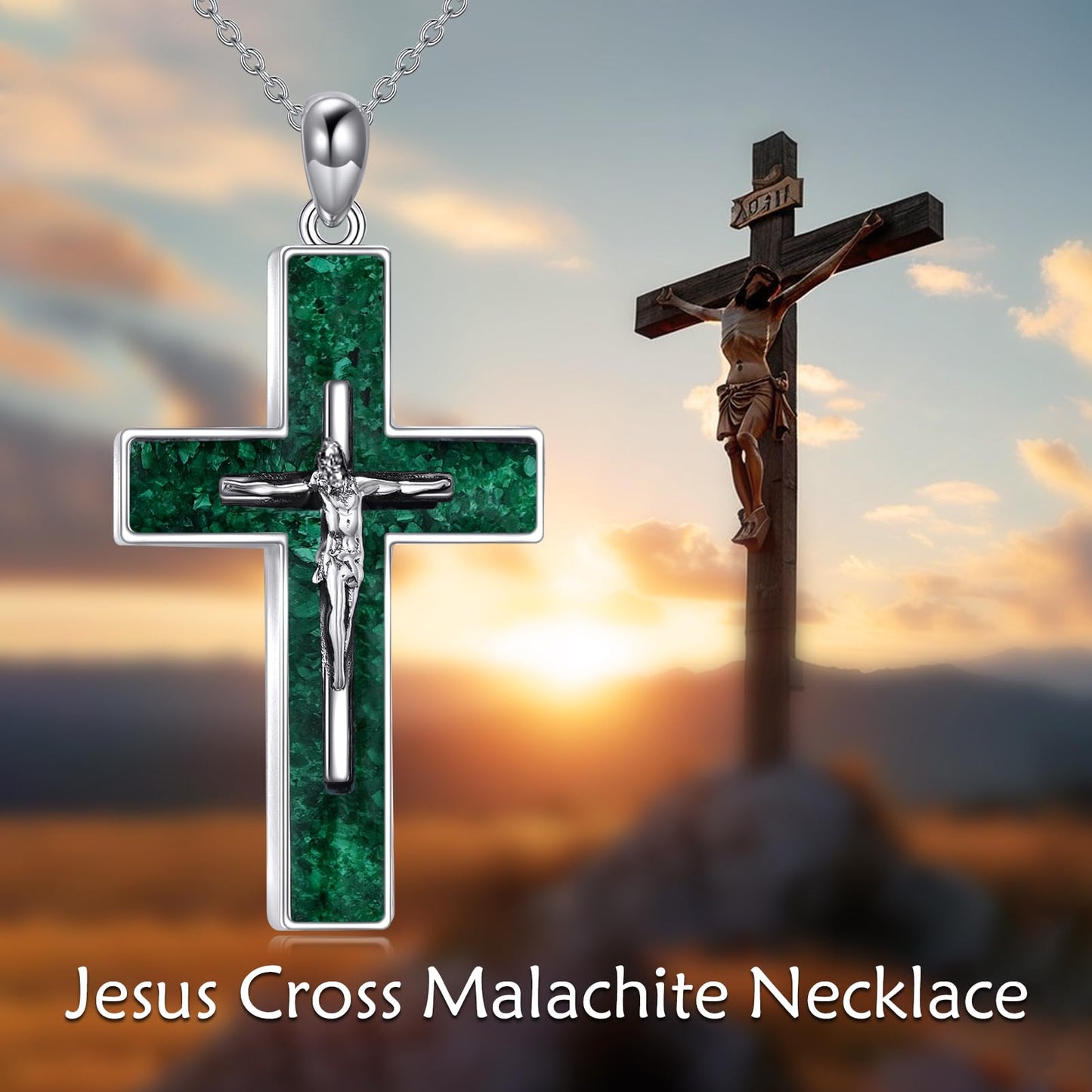 YFN Crucifix Cross Necklace Sterling Silver Jesus Cross Pendant Green Malachite Jewelry Christian Gifts for Women Men