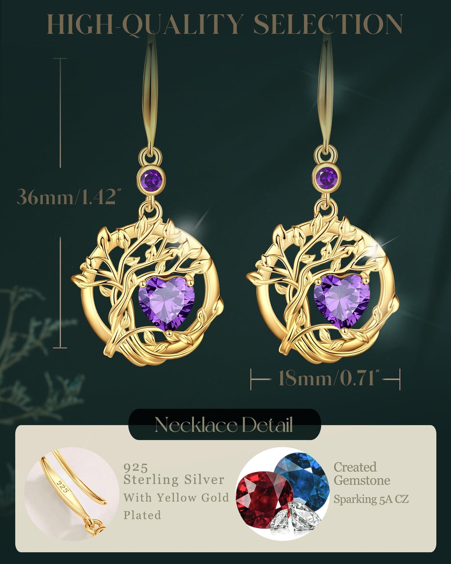 FANCIME Tree of Life Earrings 925 Sterling Silver Yellow Gold Plated Amethyst Dangle Drop Purple Gemstone Earring February Birthstone Fine Jewelry Birthday Mothers Day Gifts for Wife Her Women