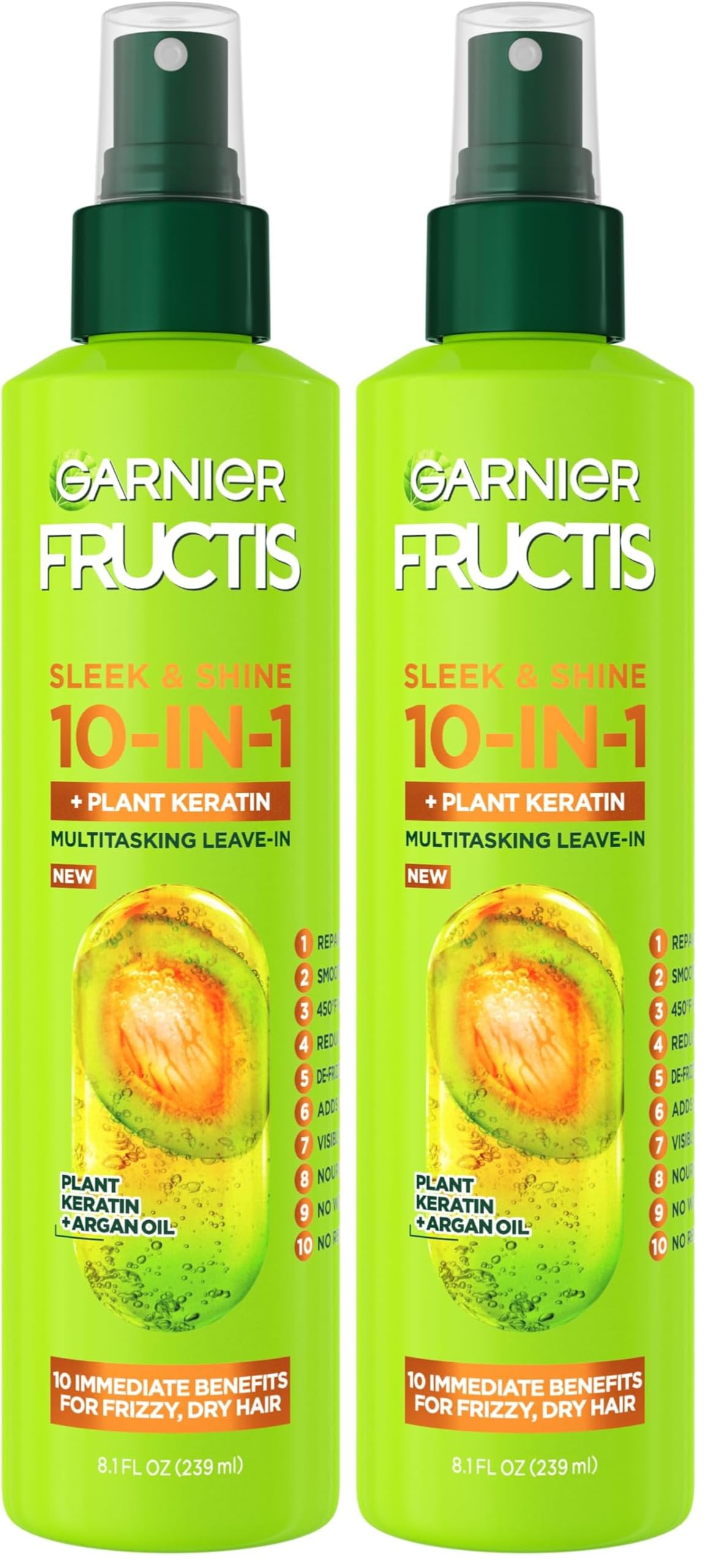 Garnier Fructis Sleek & Shine 10-in-1 for Frizzy,Dry Hair,Plant Keratin,8.1 Fl Oz,(Packaging May Vary),(Pack of 2)