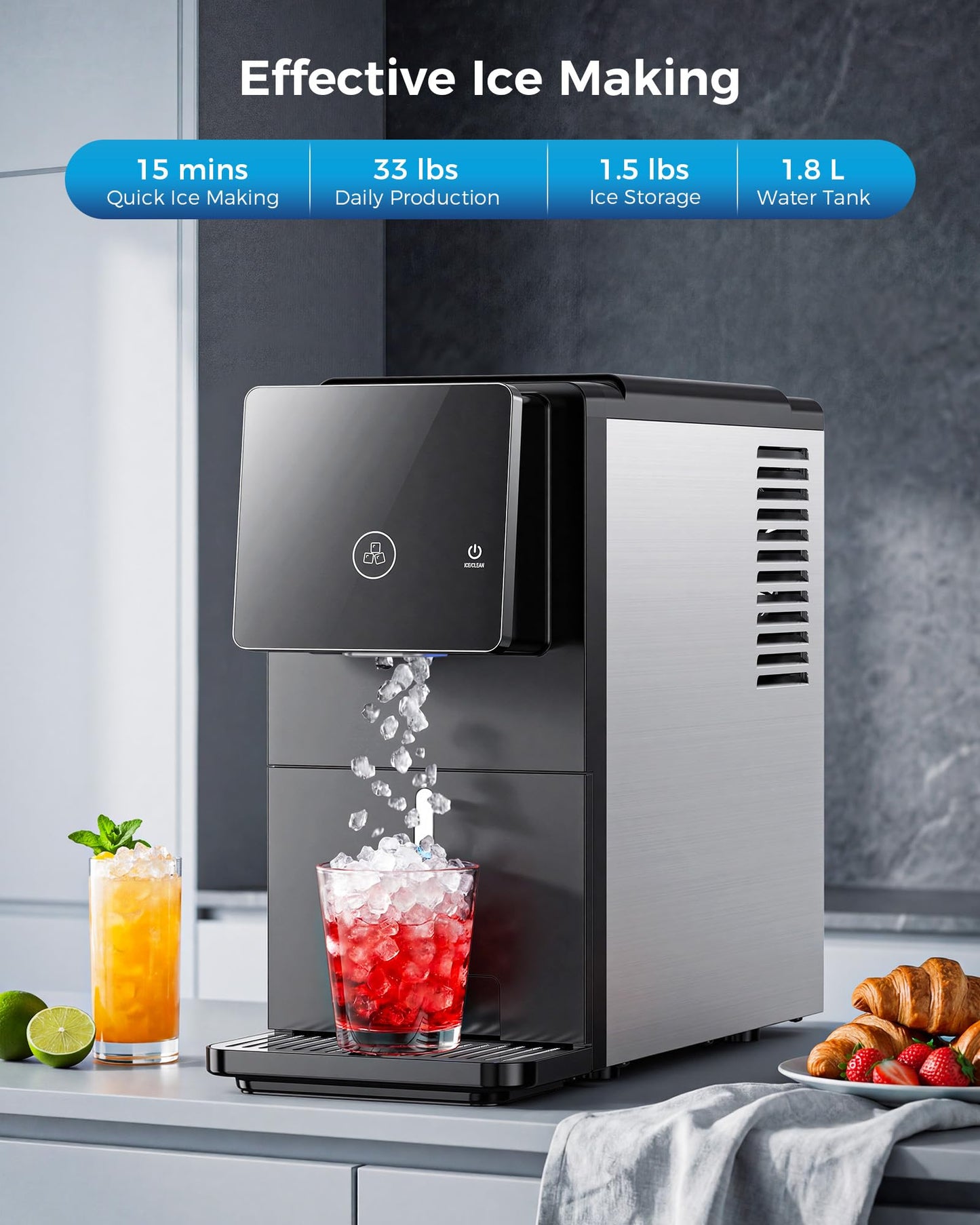 Nugget Ice Makers Countertop, 33lbs/24H Pebble Ice Maker with 1.8L Water Tank, Self-Cleaning, Portable Pellet Ice Machine with Self-Dispensing for Home/Kitchen/Office