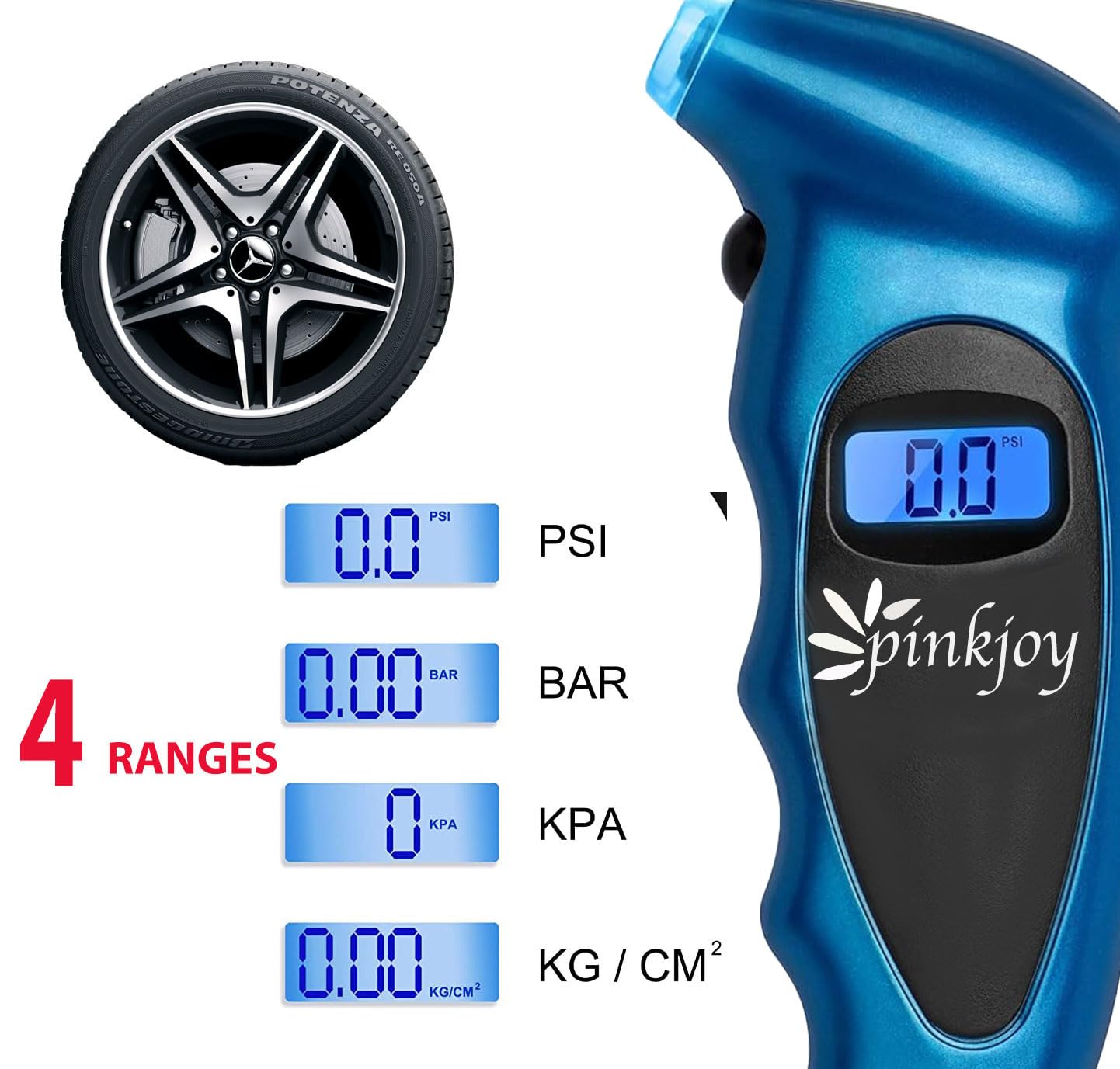 PINKJOY Digital Tire Pressure Gauge 150 PSI, 4 Settings, Tire Gauge for Car, Truck, Motorcycle, Bicycle with Backlit LCD and Non-Slip Grip (Blue)