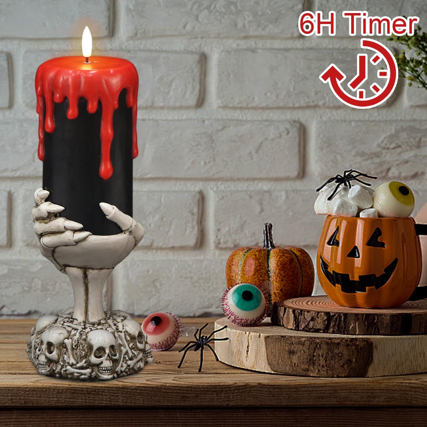 DRomance Black Flameless Flickering Candles with Timer, Blood Dripping Wax Effect Battery Operated LED Pillar Candle with Skeleton Hand Candle Holder Halloween Table Centerpiece Decor(4" x 11"")"