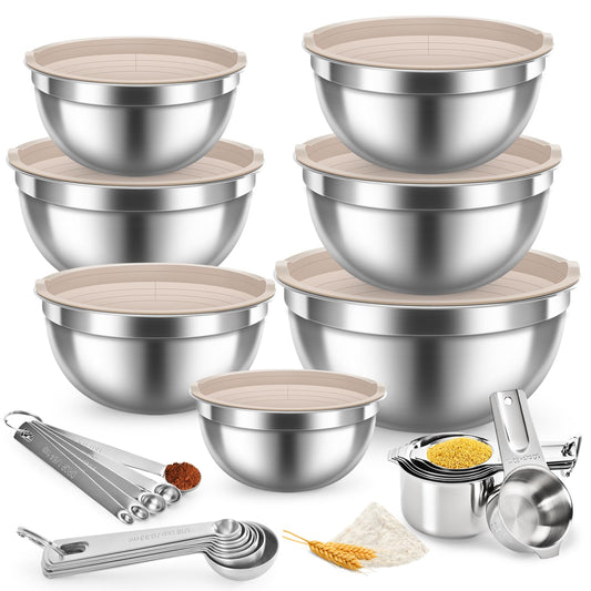 28PCS Mixing Bowls with Airtight Lids Set, Stainless Steel Nesting Prep Bowls with 7 Measuring Cups & 14 Measuring Spoons for Cooking, Baking, Serving, Food Storage, Size 5.5/3.5/2.5/2/1.4/1/0.62QT