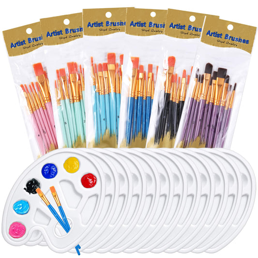72 Pcs 60 Paint Brushes and 12 Paint Palette Tray, Paints Brushes Palette Set, Professional Artist Painting Set for Watercolor, Oil, Acrylic Painting, Suitable for Kid and Adults