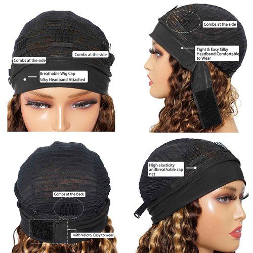 Punmasa Headband Wig Deep Wave 12 Inches 100% Human Hair Headband wigs for women Glueless None Lace Front Wig Machine Made 150% Density headband wig human hair Natural Black and Ombre 4/27