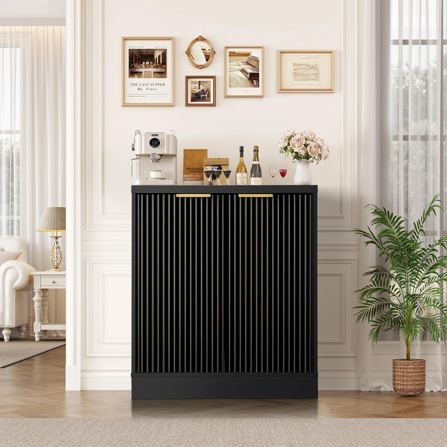 GORZING Fluted Buffet Sideboard Cabinet with Storage - Modern Accent Credenza Console Table with Adjustable Shelves for Kitchen, Dining Room, Living Room, Entryway (Black, Fluted 2 Door)