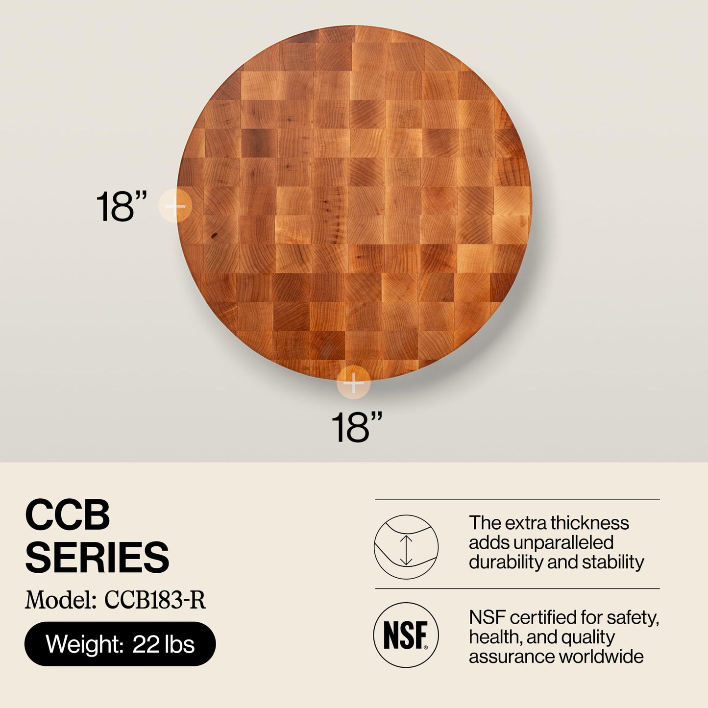 John Boos CCB Series Round Wooden Maple Cutting Board 18”x18” – 3” Thick, 22-lb Non-Reversible Butcher Block with End-Grain – Made in the USA