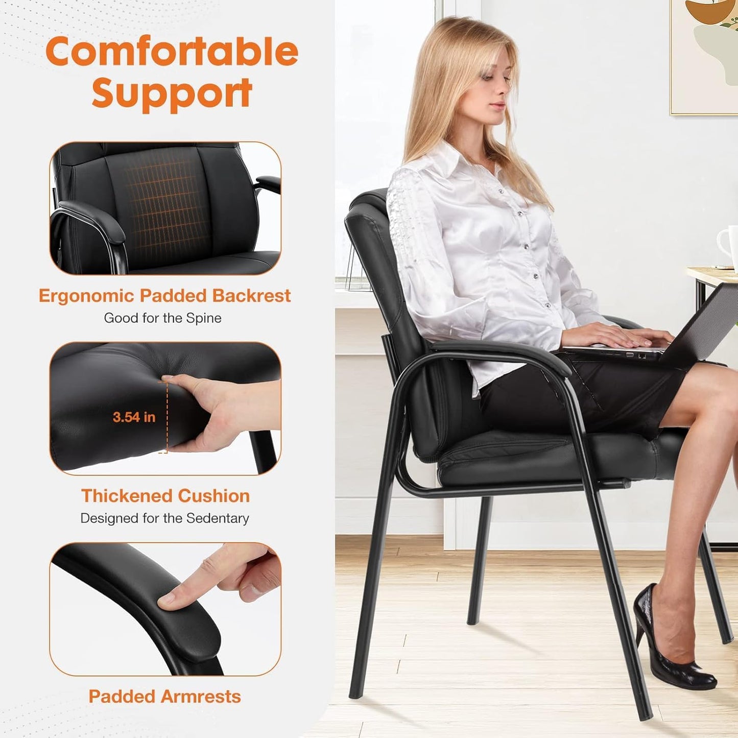 Sweetcrispy Waiting Room Office Guest Chairs Set of 2, PU Leather Big and Tall No Wheels Executive Office Chair with Padded Arms for Reception Conference Room Lobby