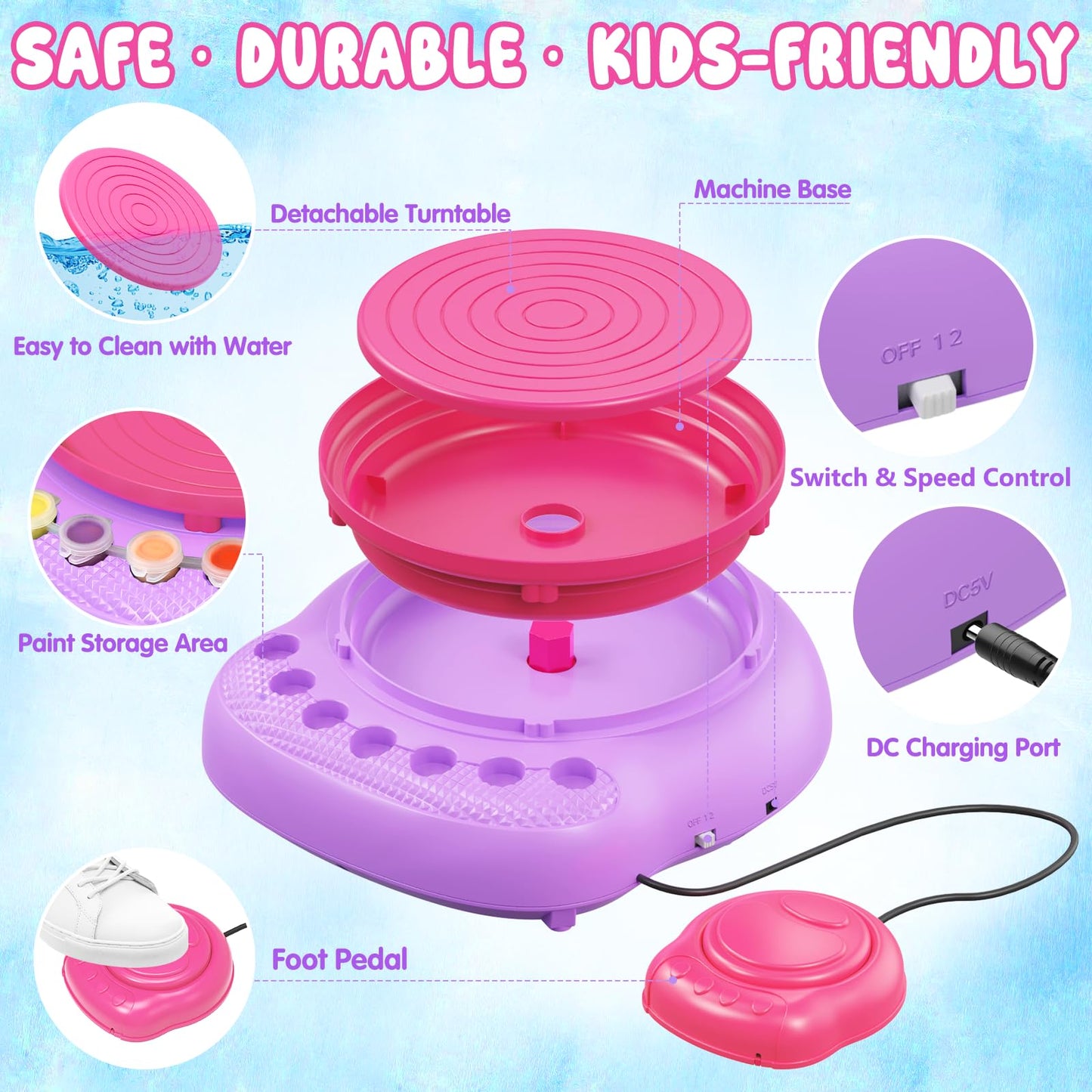 Pottery Wheel for Kids Complete DIY Pottery Painting Kit, Arts and Crafts for Kids Ages 8-12 with 3 Air-Dry Clay Packs and Tools, Art Supplies Toys Birthday Easter Gift for Boys Girls 6+ Years Old