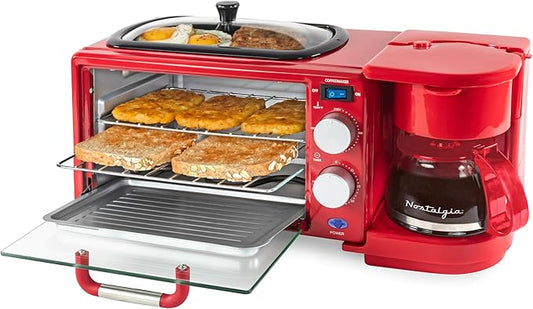 Nostalgia 3-in-1 Retro Breakfast Station - Includes 5 Cup Coffee Maker, Non-Stick Ceramic Griddle, and 4-Slice Toaster Oven - Built-In Timer, Reusable Coffee Filter, Space-Saving Design - Red
