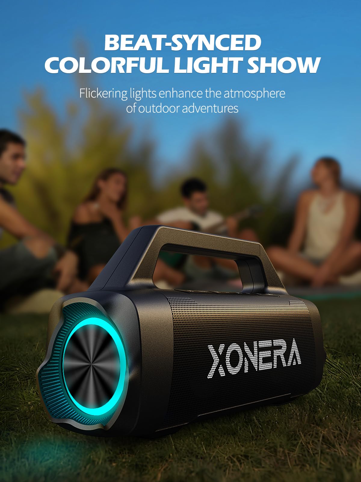 Xonera Speakers Bluetooth Wireless, 80W Peak Loud Outdoor Speaker with Bass, 20H Playtime, IPX6 Waterproof, TWS，BT5.3, Portable for Camping Hiking Boating Pool Beach(Black)