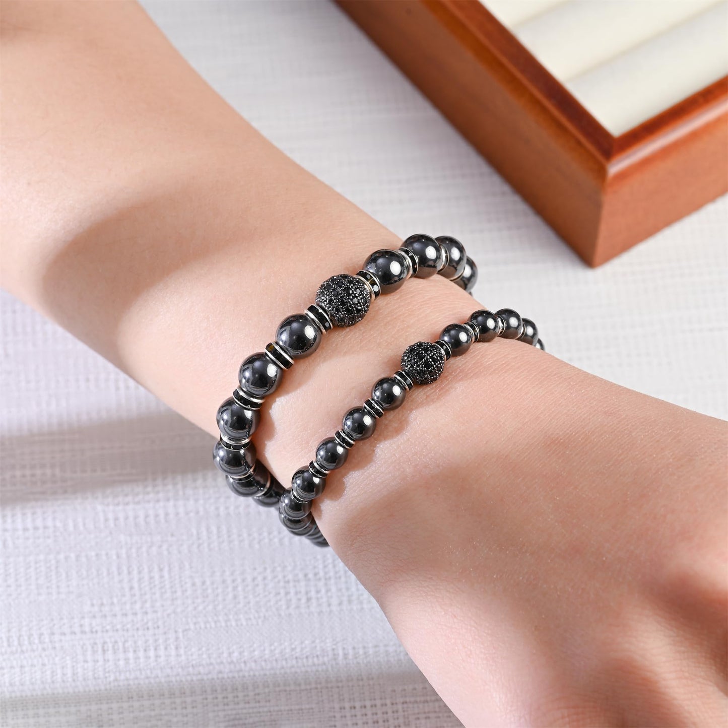 Apocalyptic-K Women's Magnetic Bracelet，Hematite Bracelets，Magnetic Bracelets With Zirconia,Handmade Stretch Bracelet，Eliminates static electricity. (8MM Black &10MM Zirconia)