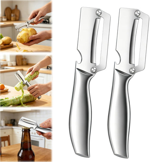 2Pc Multi-Functional Vegetable Peeler for Kitchen,2026 New Stainless Steel Peeler with Wooden Handle and Bottle Opener,2 in 1 Stainless Steel Kitchen Tool for Fruit Apple Potato Pumpkin Slicer(Sliver)