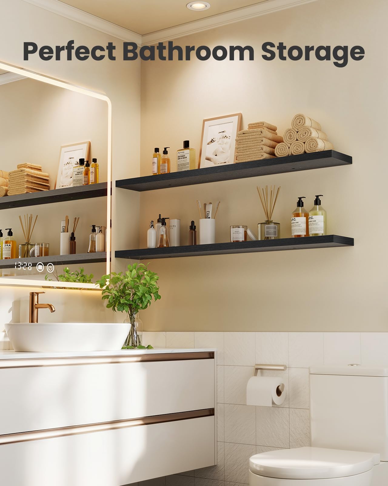 AMADA HOMEFURNISHING Floating Shelves, Wall Shelves for Living Room, Bedroom, Bathroom, Kitchen & Home Office Organization, Bathroom Shelves with Hidden Brackets, 22 lbs Max Load, Black, AMFS45B