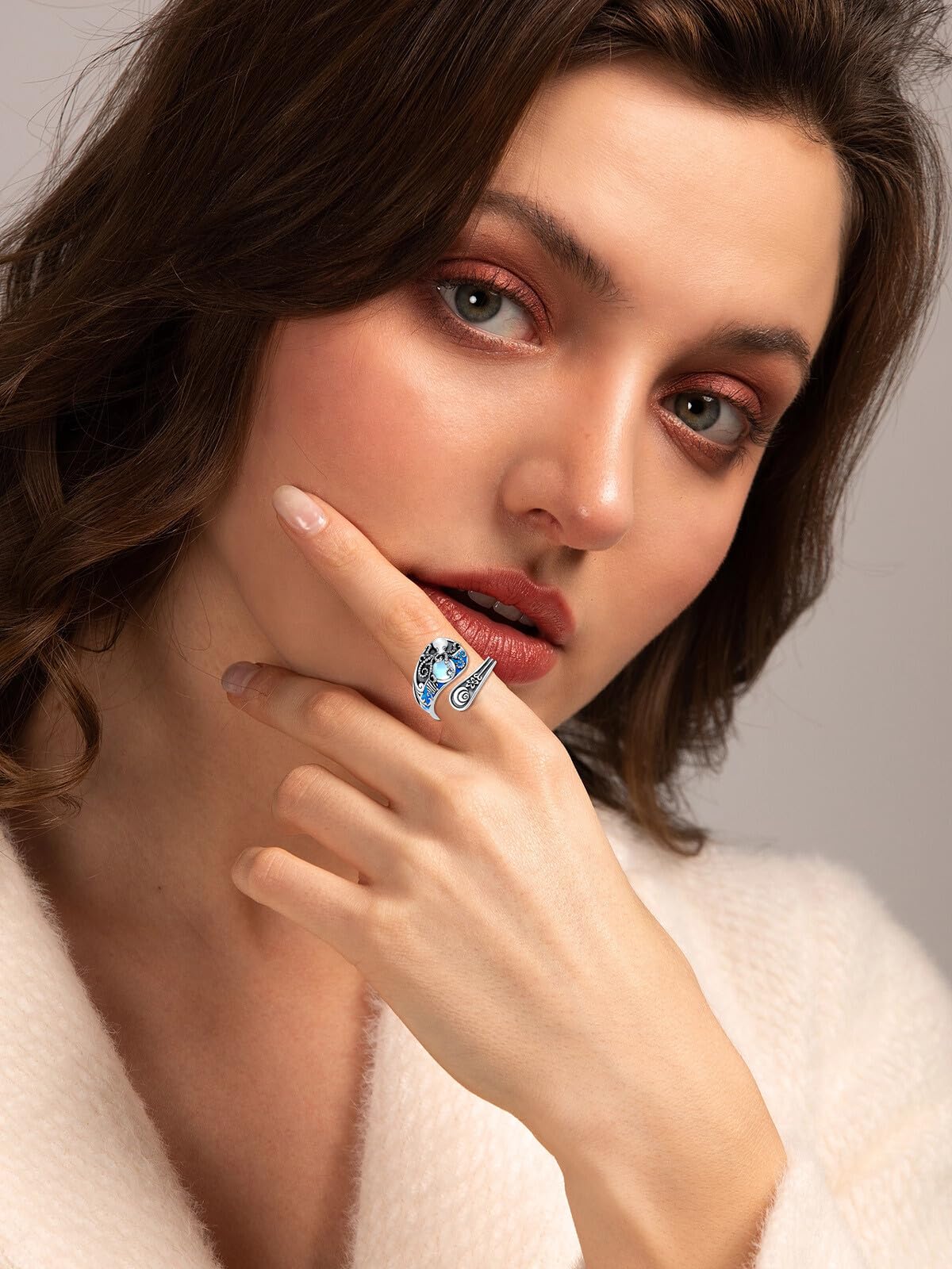 Midari Spoon Rings for Women 925 Sterling Silver Blue Octopus Adjustable Vintage Finger Thumb Rings Ocean Octopus Jewelry for Women Birthday Christmas Gift
