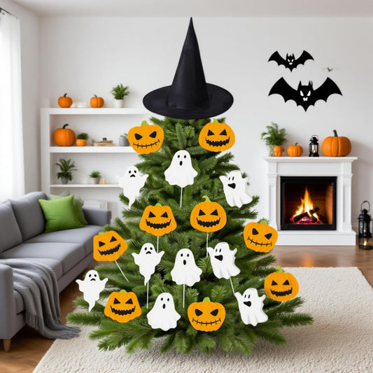 19 PCS 8 Inch Large Spooky Ghosts Pumpkin Halloween Tree Picks 15" Witch Hat Cute Trick or Treat Ghost Picks Ornaments for Tree Hanging Party Decor Topper Home School Table Vase Décor
