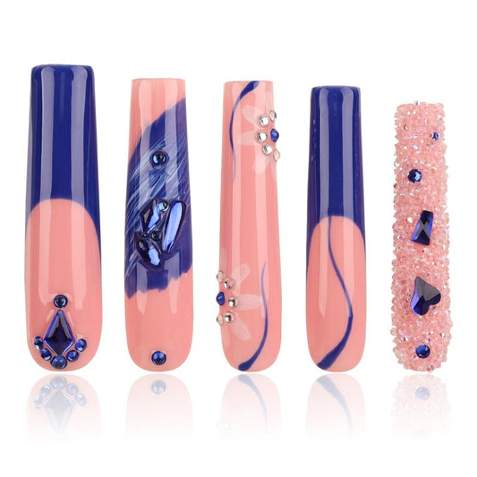 Handmade Long Acrylic Nail Tips, Pink Press on Nails with Full Covered Crystals, Fake Luxury Diamond Nails, Long Square False Nails, Gifts for Women, Reusable Stick On Nails 10Pcs,Bluish pink Size M